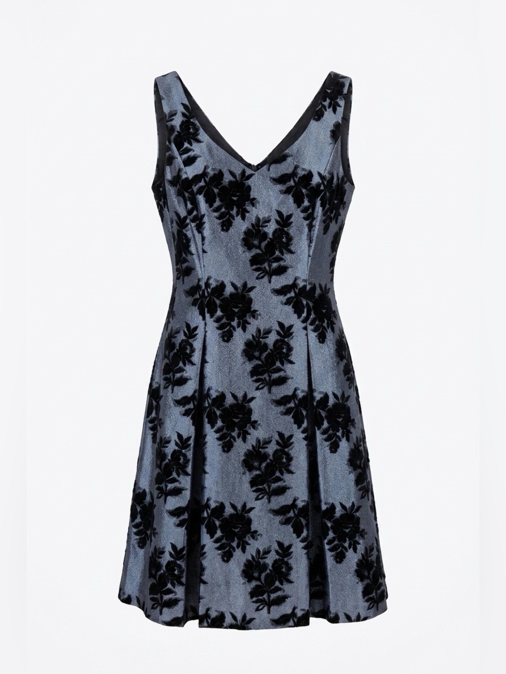 Sleeveless V-Neck Floral Jacquard Fit & Flare Dress in China Blue and Black